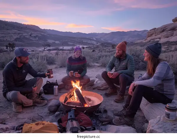 Four friends camping in the mountains