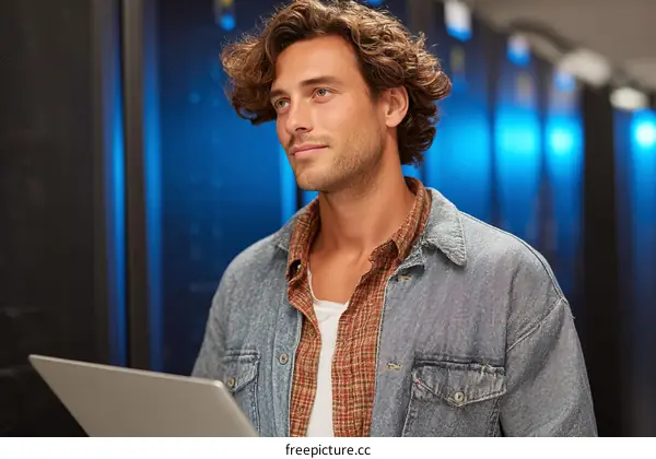 Caucasian Man Working in a Server Room