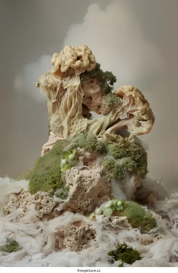 Abstract Surrealist Stone Sculpture with Moss and Clouds