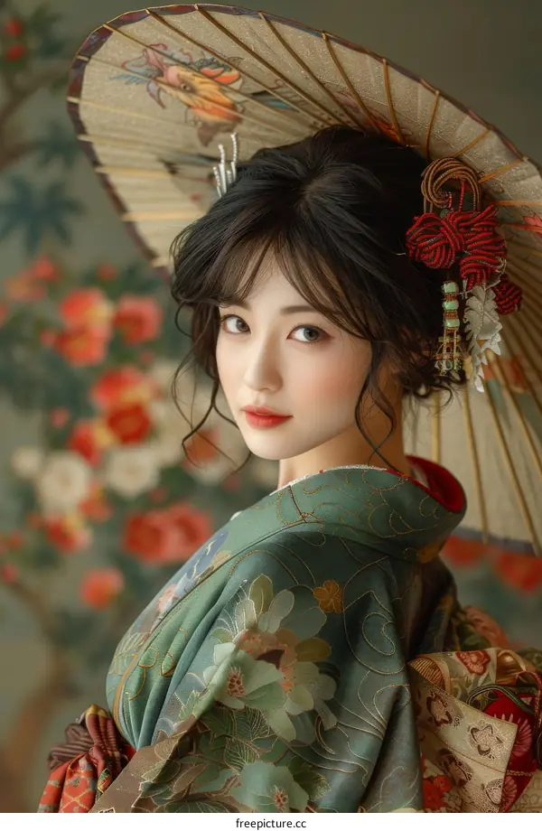 Portrait of a beautiful Japanese woman in traditional kimono