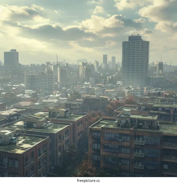 Modern Cityscape with Residential Buildings and a Tower in the Distance
