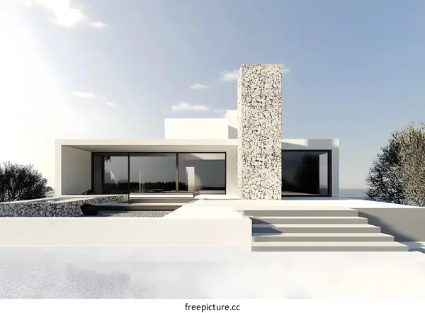 Modern Minimalist White House with Stone Chimney and Large Windows