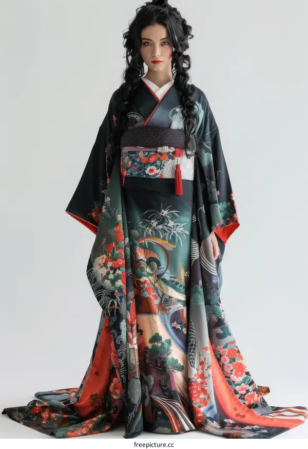 woman wearing a kimono with a floral pattern