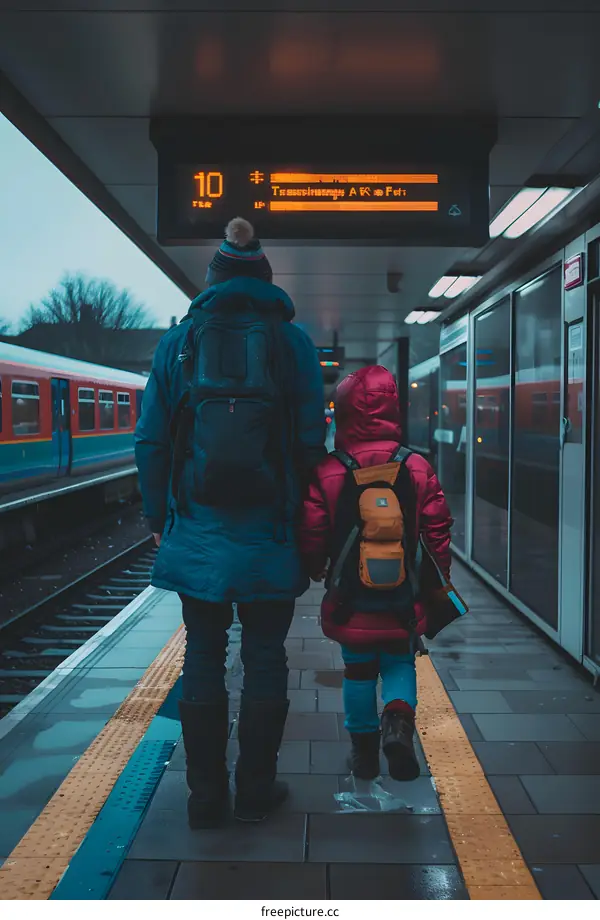 Two People Walking Away From The Train Station