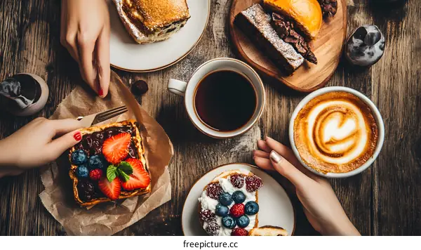 Top View of Two Hands Holding Waffles and Coffee