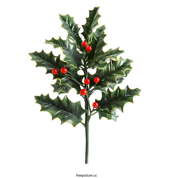 [Transparent Background PNG]Green Holly Sprig with Red Berries Isolated on White Background