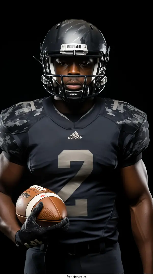 Portrait of a young African-American football player wearing a black and gray uniform