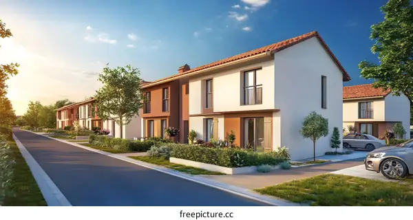 Modern Suburban Homes with Green Lawns and Driveways