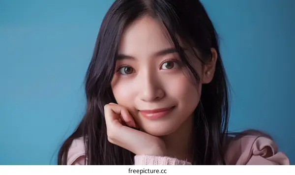 Beautiful Asian Woman with Long Black Hair Posing on a Blue Background