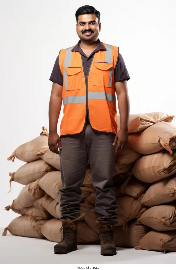 Portrait of a smiling Indian male worker wearing a reflective vest standing in front of a large stack of sandbags