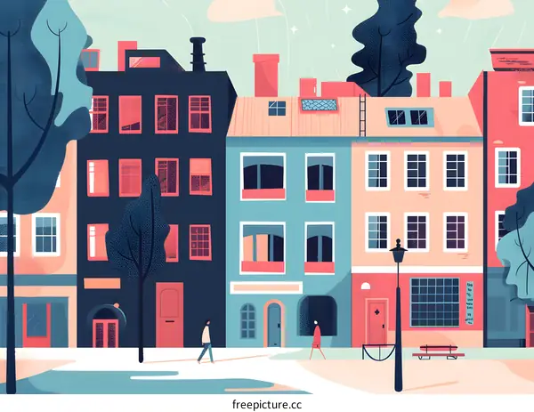Colorful Building Illustration with People Walking in the Street