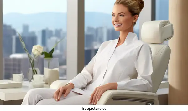 Confident business woman sitting in a modern office and looking away