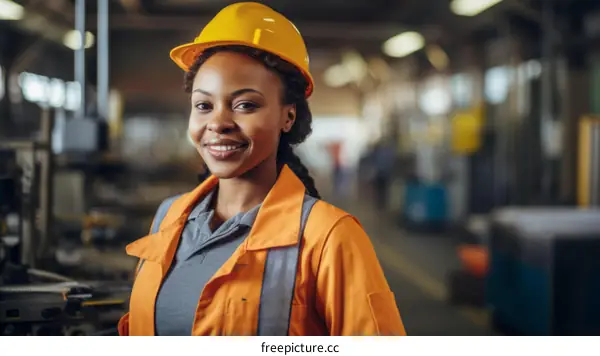 Black woman wearing hardhat in factory