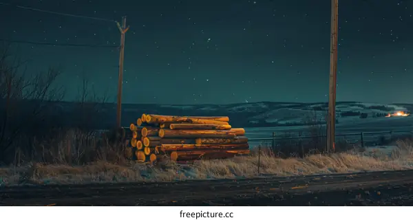 Firewood Stack Under a Starry Night Sky in Alberta