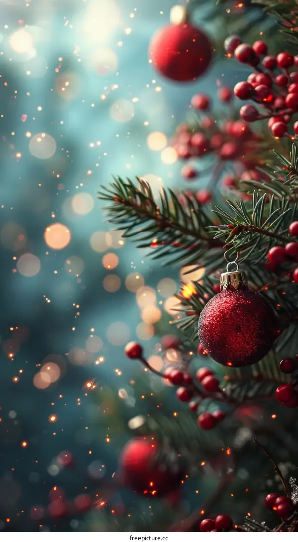Red Ornament Hanging on a Christmas Tree with Red Berries