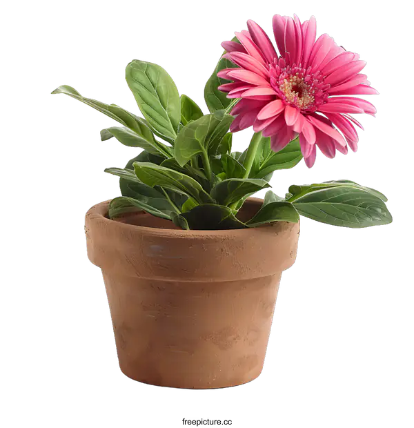 [Transparent Background PNG]Pink Gerbera Daisy Flower in a Terracotta Pot