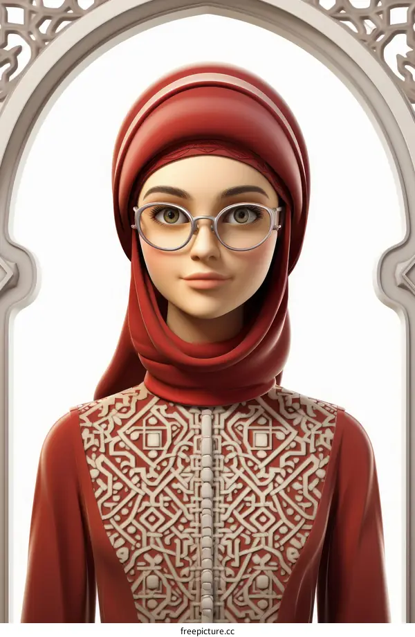 A young Muslim female wearing a red hijab and glasses