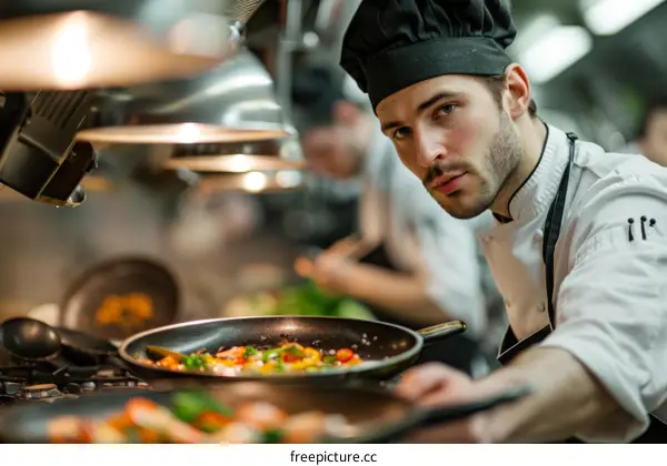 Young male chef is cooking in a restaurant kitchen