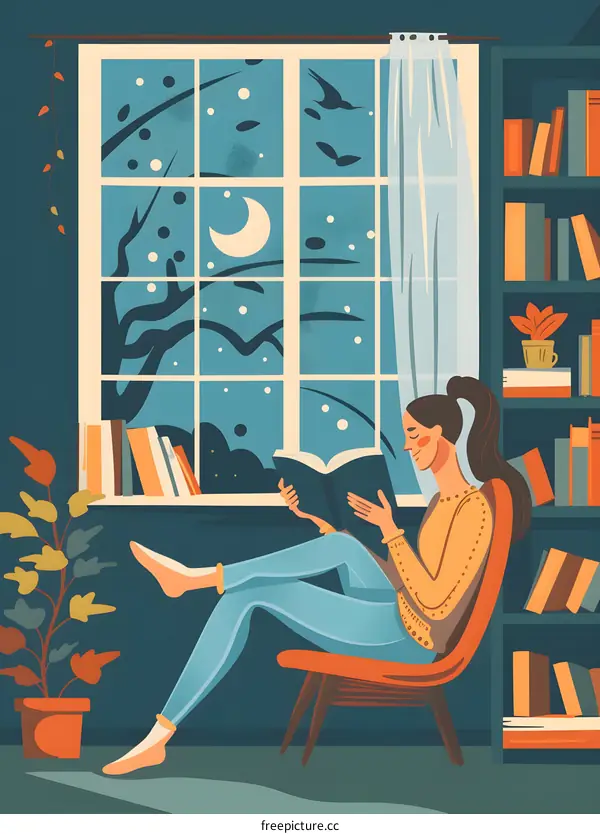 Woman Reading Book in Cozy Home with Night View