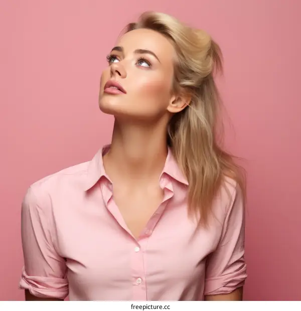 Elegant blonde woman in pink blouse looking up