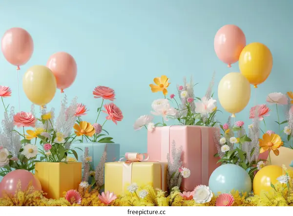 Pastel Balloons and Flowers with Gift Boxes