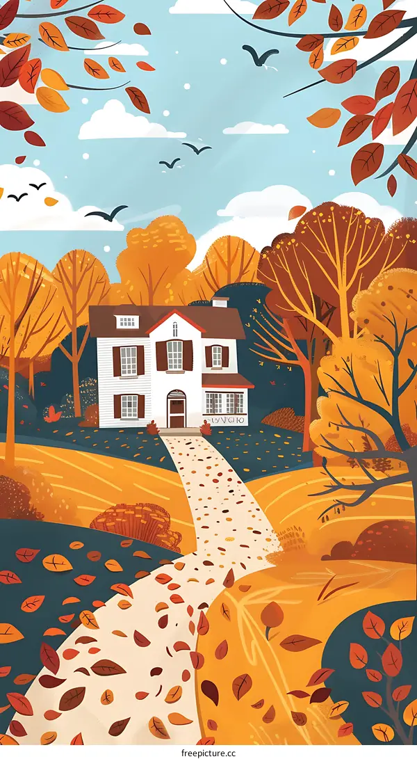 Autumn House with Stone Pathway and Falling Leaves