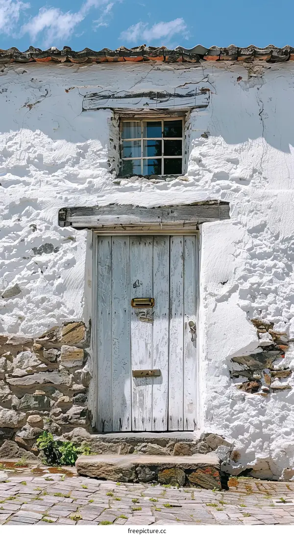 A rustic wooden door painted white with a small window above it