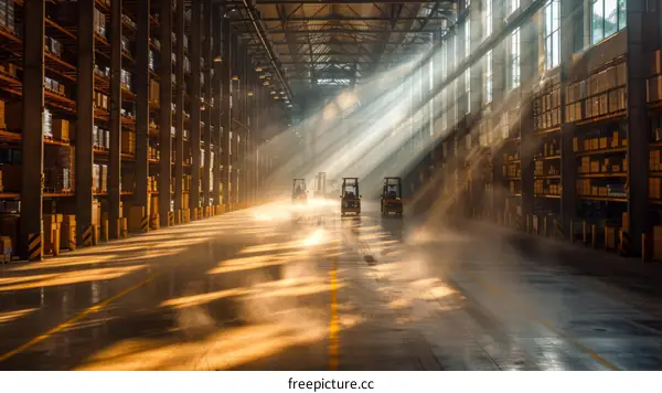 A large warehouse with forklifts