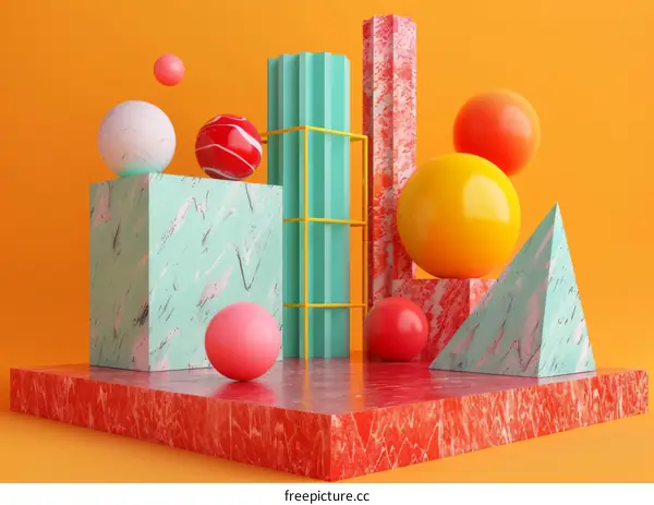Colorful 3D shapes composition with balls and geometric elements