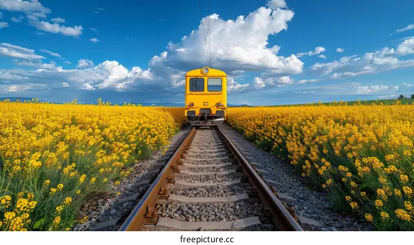Yellow Train Running Through Field of Yellow Flowers