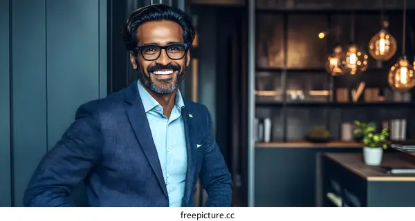 Smiling Man in Blue Suit Standing in Office
