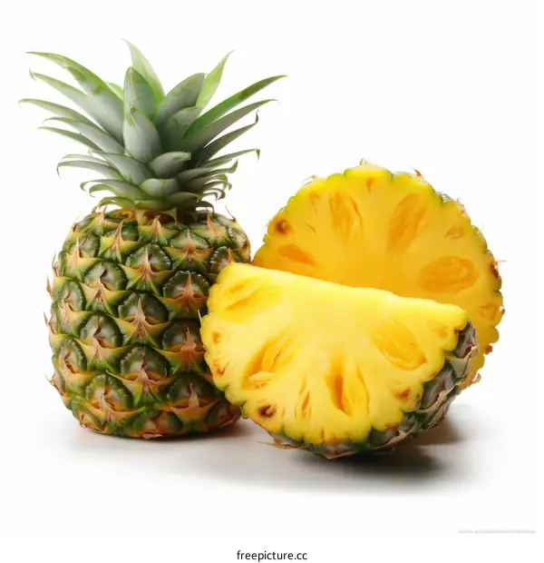 Whole pineapple and a slice isolated on white background