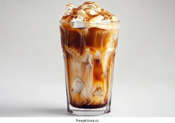 Iced coffee with cream and caramel