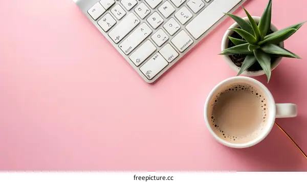 Pink Background with White Keyboard, Coffee Cup and Small Plant