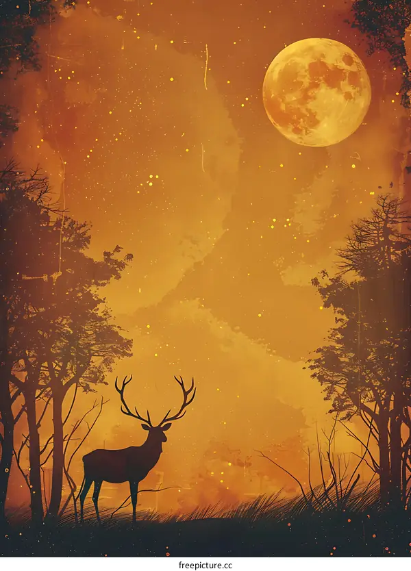 Silhouette of a Deer Underneath the Moon in a Forest