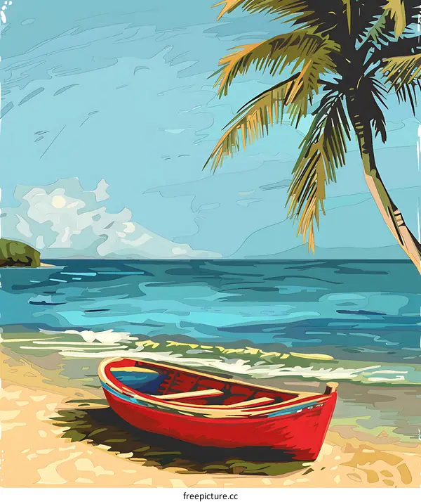 Tropical Beach Landscape with Palm Tree and Rowboat