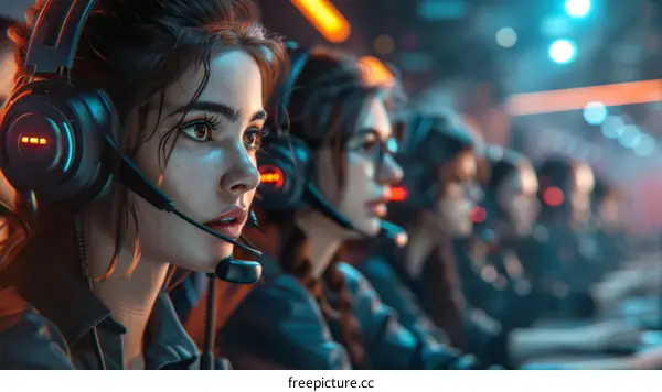 Portrait of a female gamer wearing headphones and looking at the screen