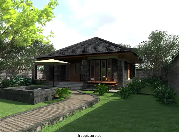 Modern Stone House with Green Lawn and Pathway