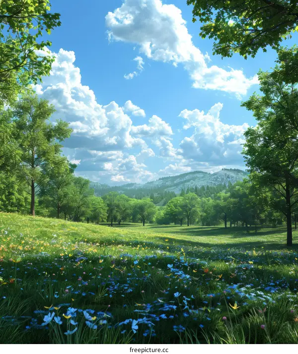 Rolling Green Hills with Flowers and Blue Sky