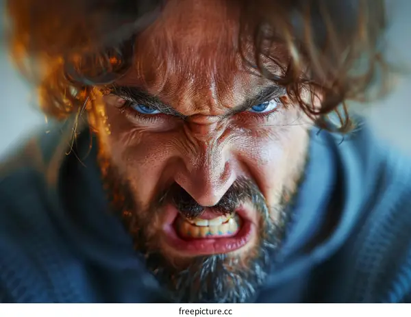 Close Up Angry Caucasian Man Face Portrait