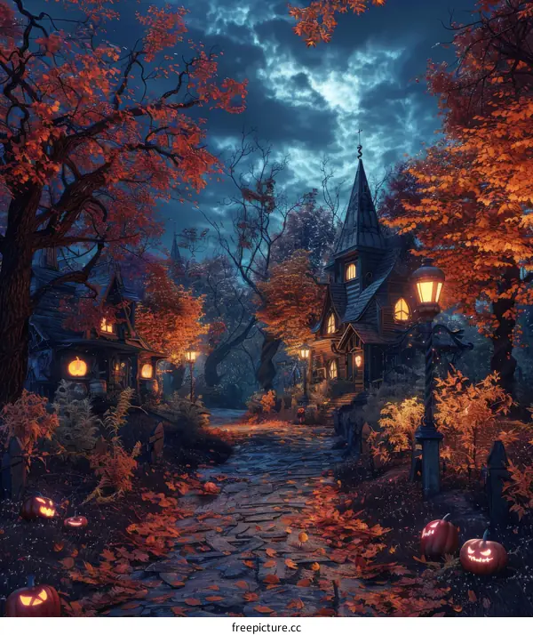 Spooky Halloween Street With Pumpkins and Haunted House