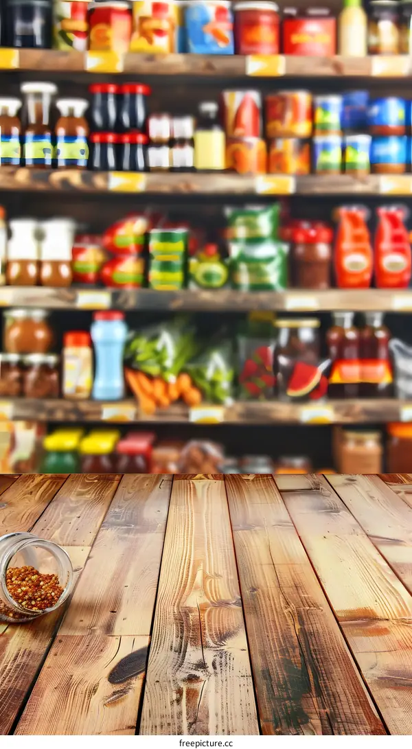 Wooden Tabletop with Blurred Grocery Store Background