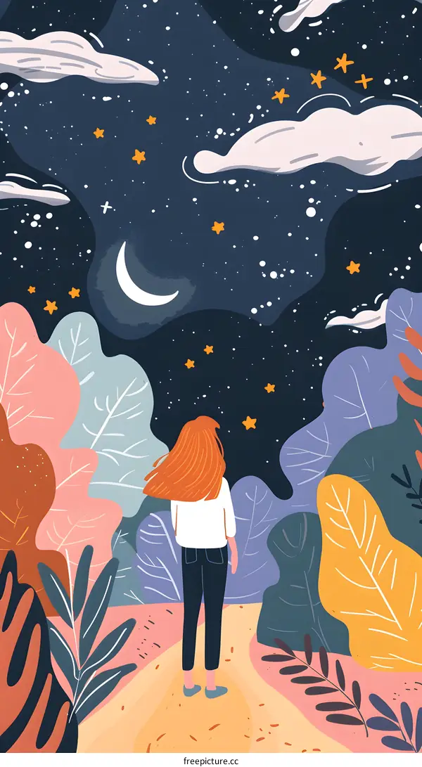 Woman Looking at the Night Sky with Stars and Moon