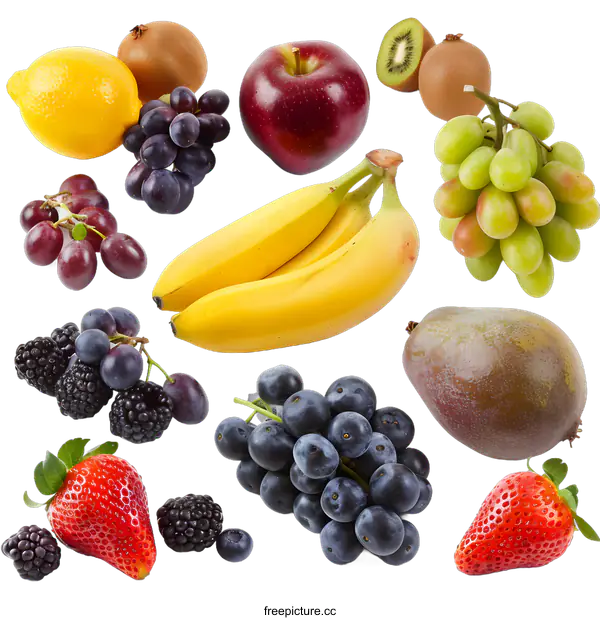 [Transparent Background PNG]Assortment of Fresh Fruits and Berries Isolated on White Background