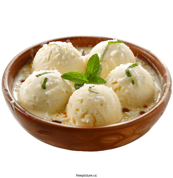 [Transparent Background PNG]Coconut ice cream with mint garnish