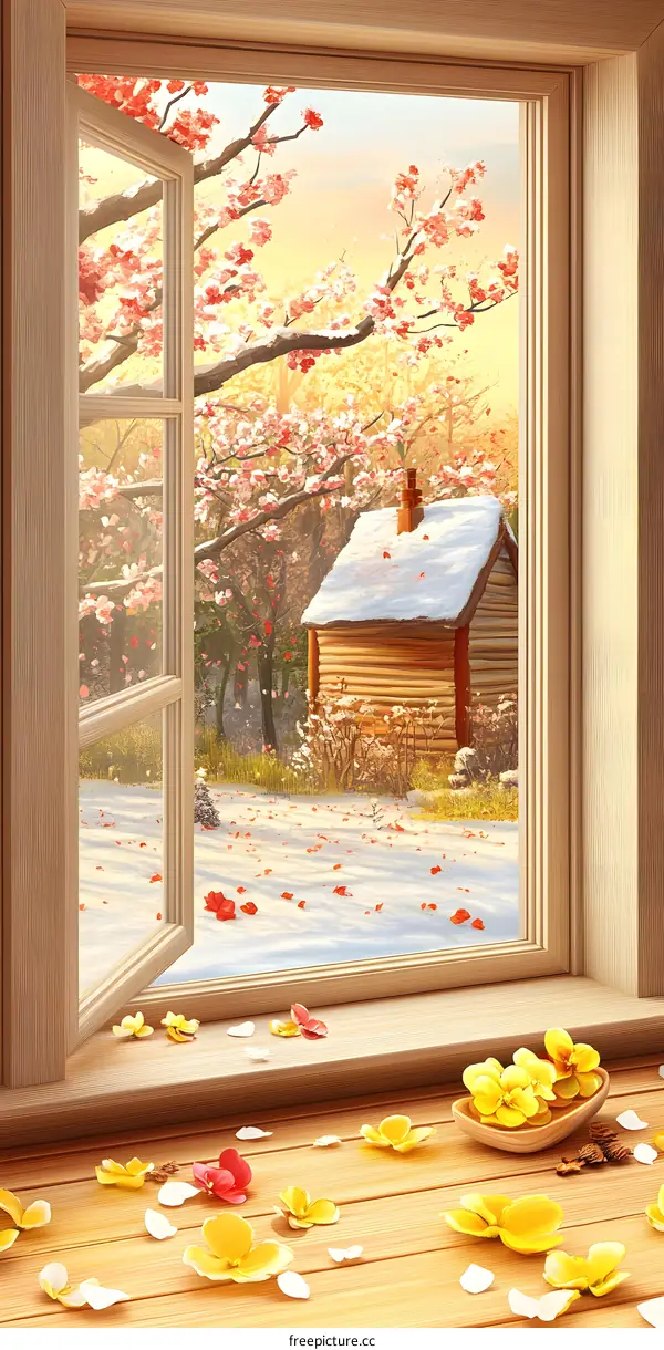 Wooden Window with View of Snowy Landscape
