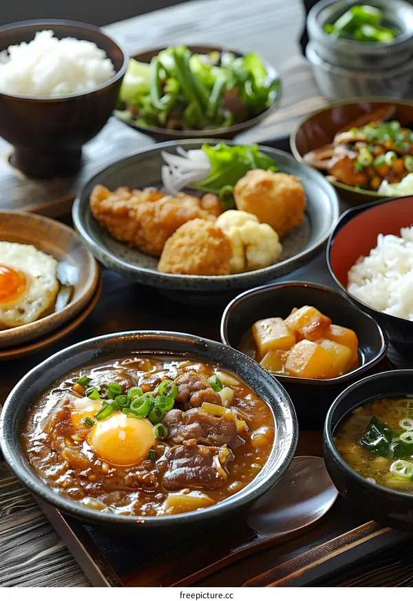 A delicious Japanese meal with rice, soup, and various side dishes