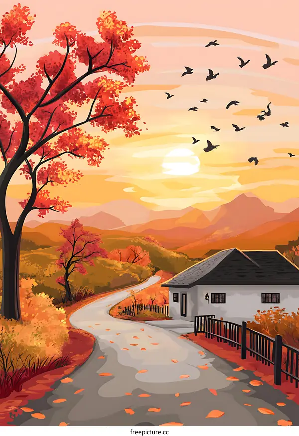 Autumn Landscape with House and Birds in Flight