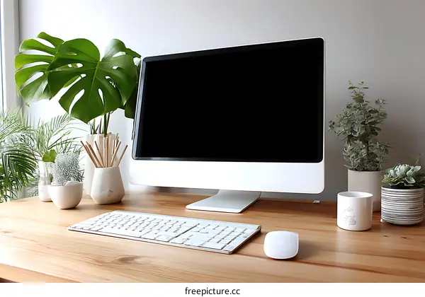 Modern Workspace with Greenery and Tech