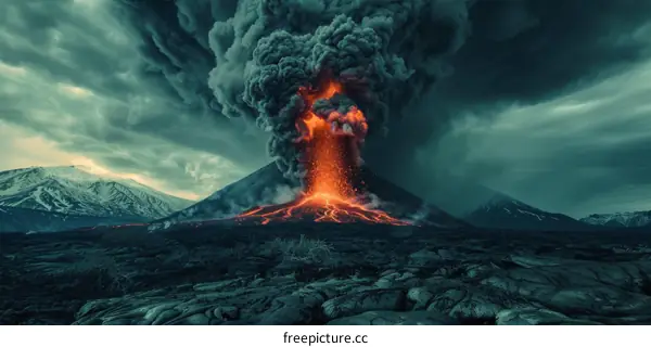 Volcanic Eruption Spewing Ash and Lava